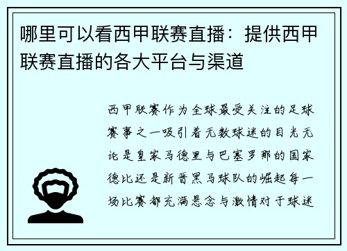哪里可以看西甲联赛直播：提供西甲联赛直播的各大平台与渠道