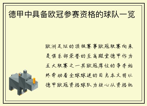 德甲中具备欧冠参赛资格的球队一览